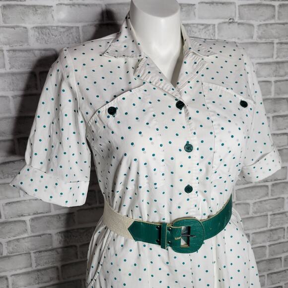 80s White & Teal Polka Dot Shirt Dress, size 10 - Picture 2 of 7